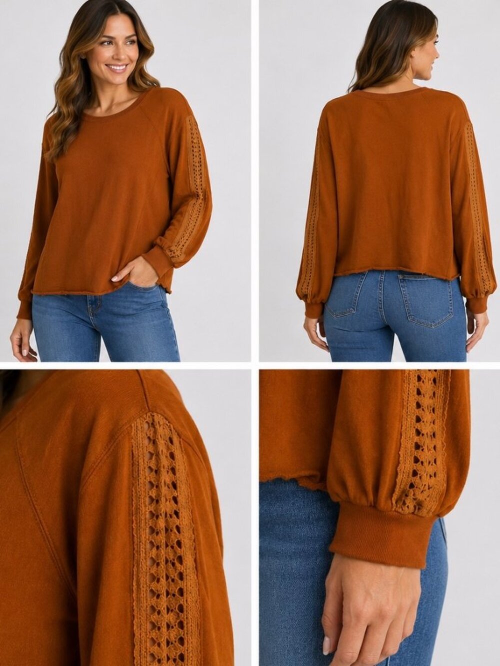 Easel Women’s Small Rust Orange Long Sleeve Top Crewneck Pullover Casual Y2K